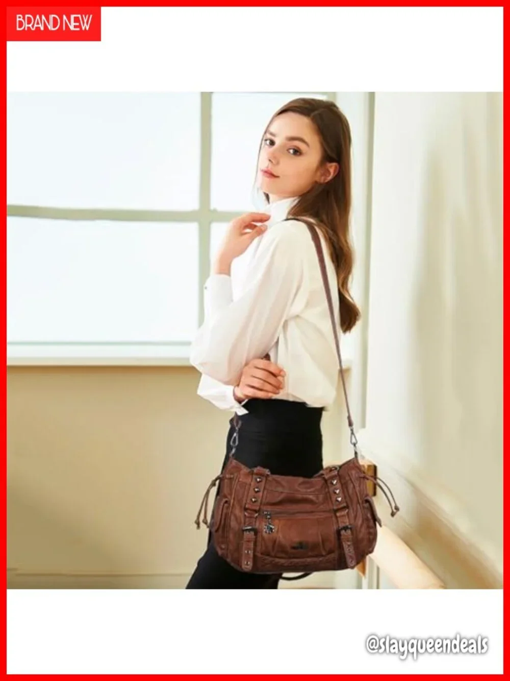 Vegan Leather Hobo Shoulder Bag Multi Pocket Tote with Adjustable Strap